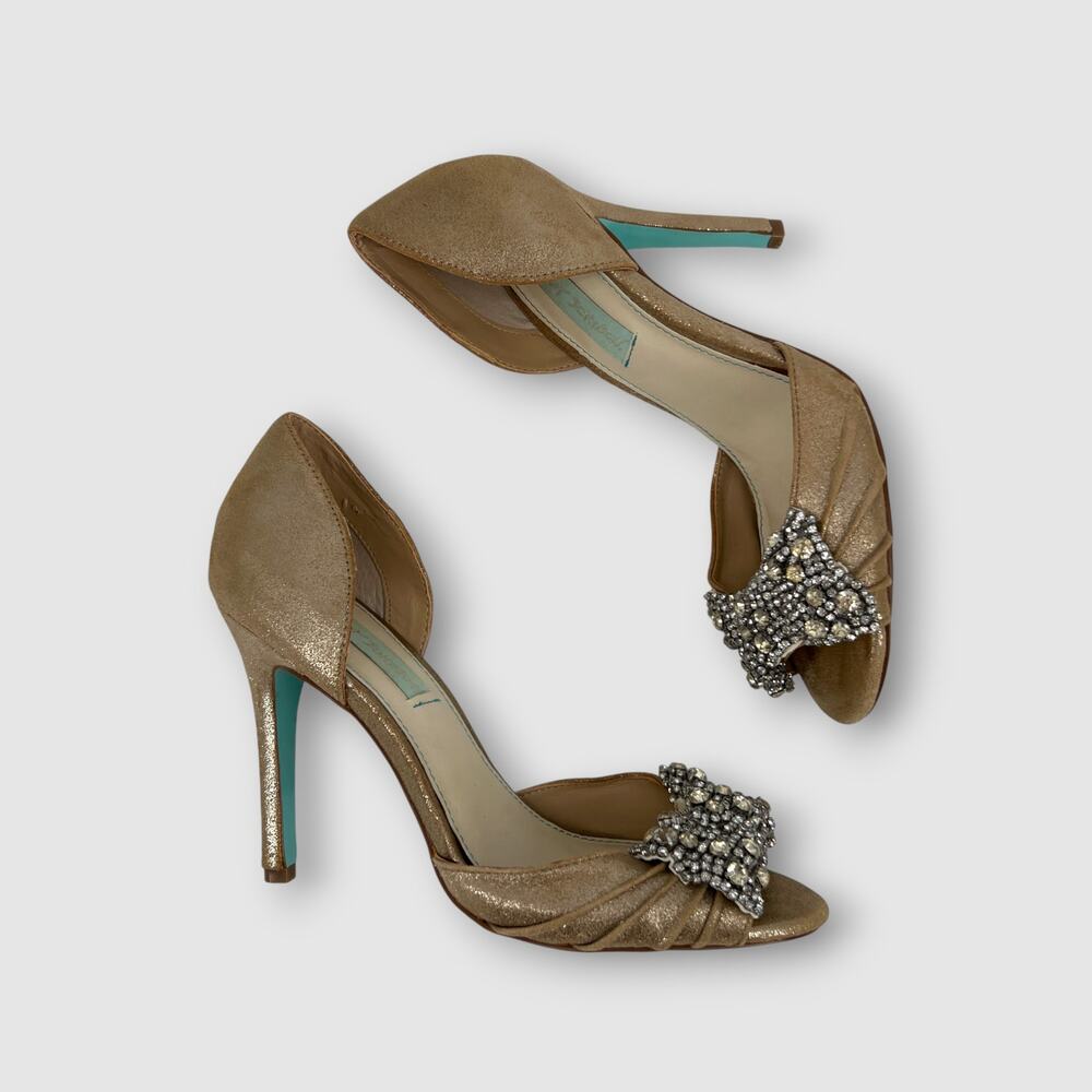 Betsey Johnson Gold D’Orsay Peep Toe Heels Rhinestone Bow Women’s 7M